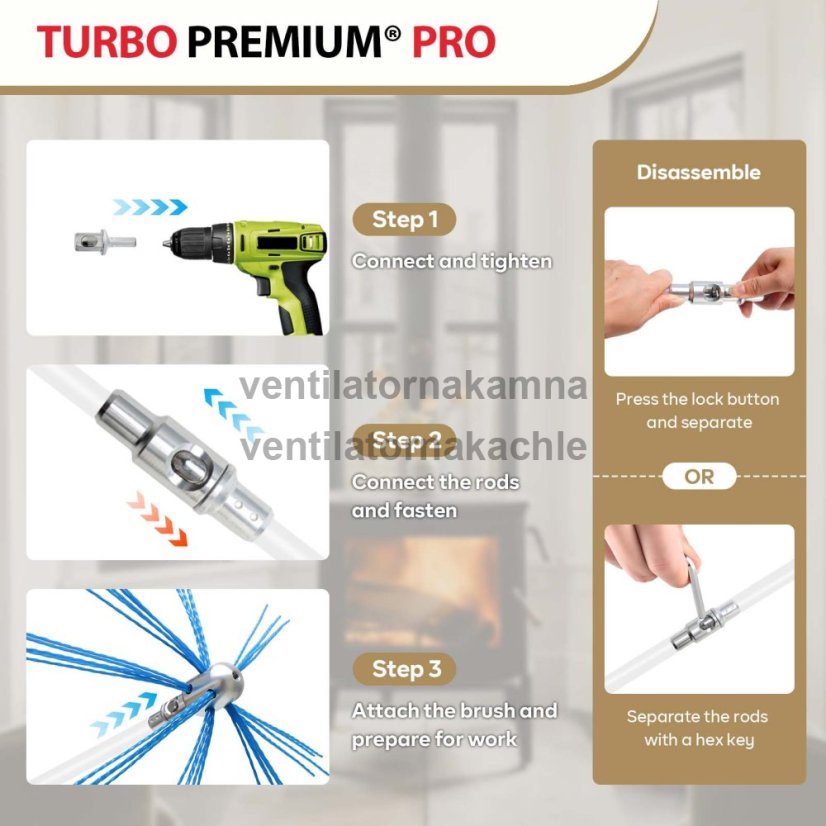 Rotačná kefa na čistenie komína s lankom TURBO Premium® PRO - 6m