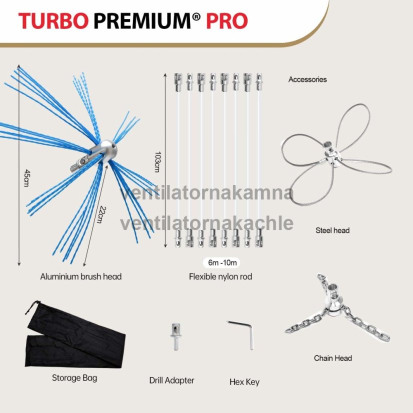 Rotačná kefa na čistenie komína s lankom TURBO Premium® PRO - 6m